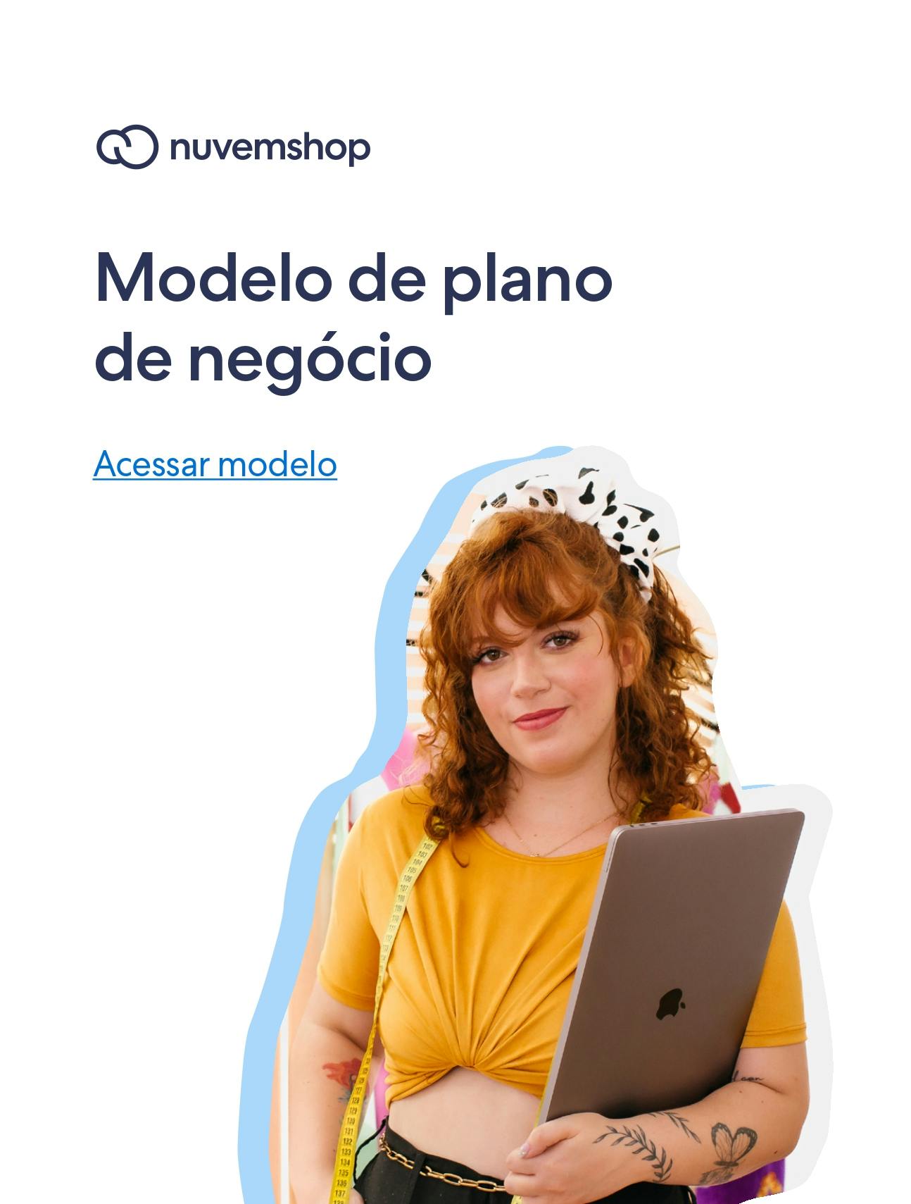 mulher ruiva levemente sorrindo para a Câmera com computador na mão capa do modelo de plano de negócios